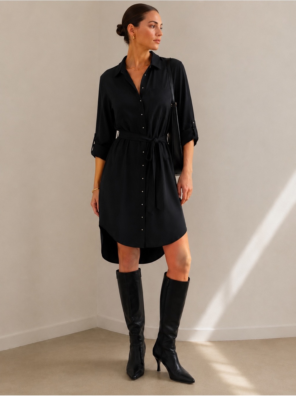 GRANA Silk Shirt Dress Black Tunic Mini Belted Button Front Size XS